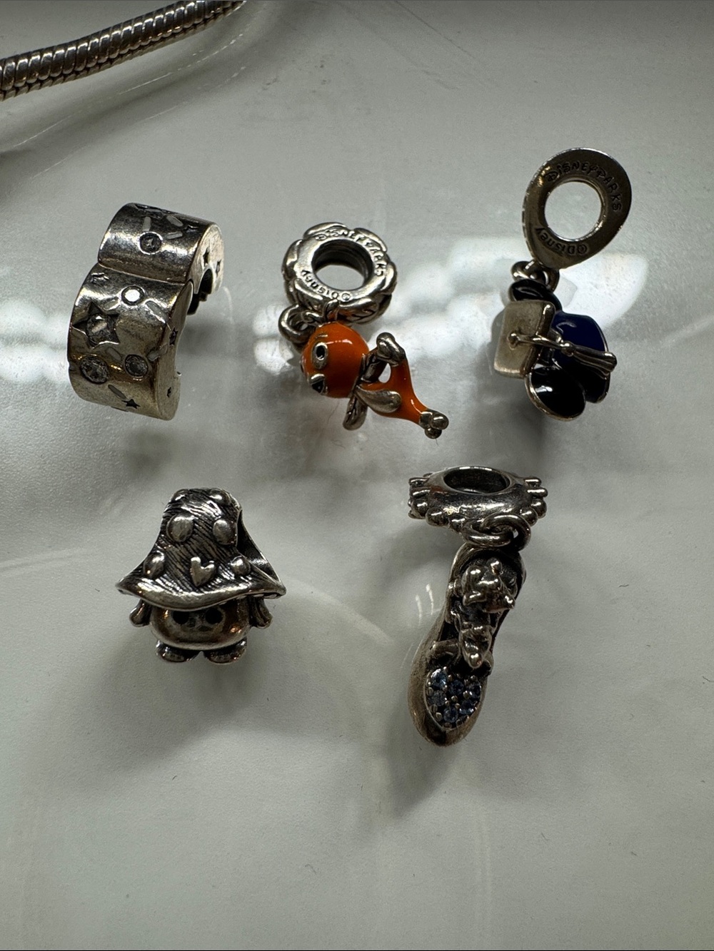 EUC Authentic Pandora Star Sliding Bracelet, Disney Charms, Mushroom Charm